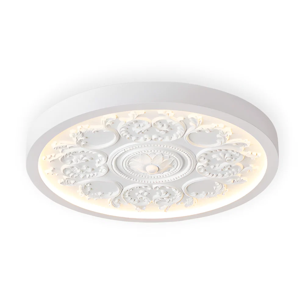 Rund loftslampe i barokstil udskåret relief med blomsterornamentik og træramme - Billede 3