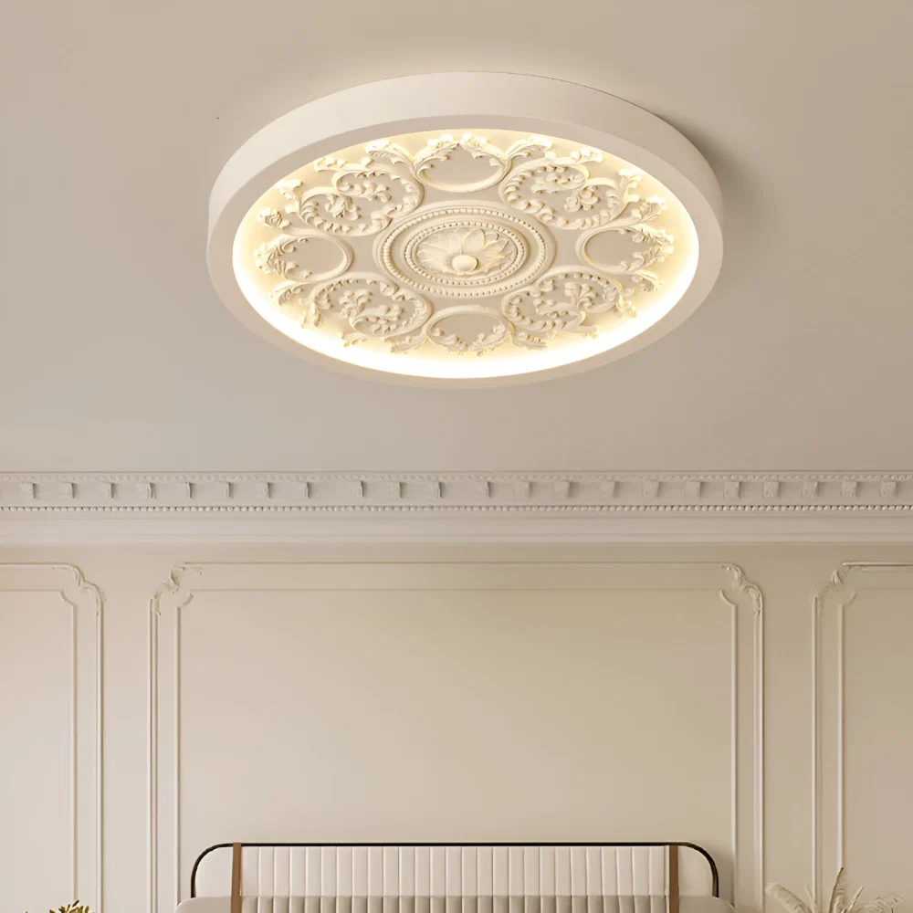 Rund loftslampe i barokstil udskåret relief med blomsterornamentik og træramme - Billede 8