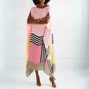 Geometrisk Mønster Kaftan Kjole Dame - Silke - Rund Hals - Sommerkjole